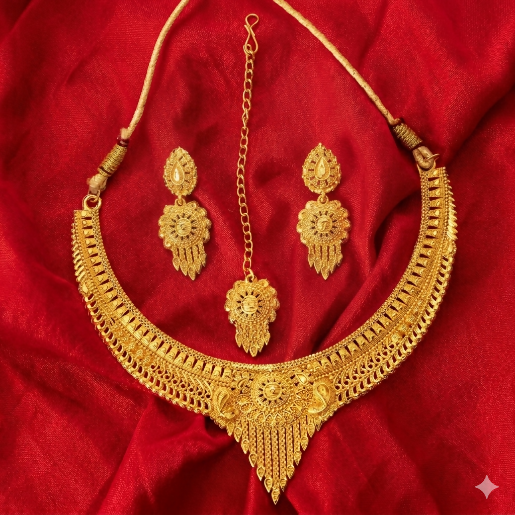 Heritage Gold-Tone Necklace Set with Matching Earrings and Maang Tikka for Women