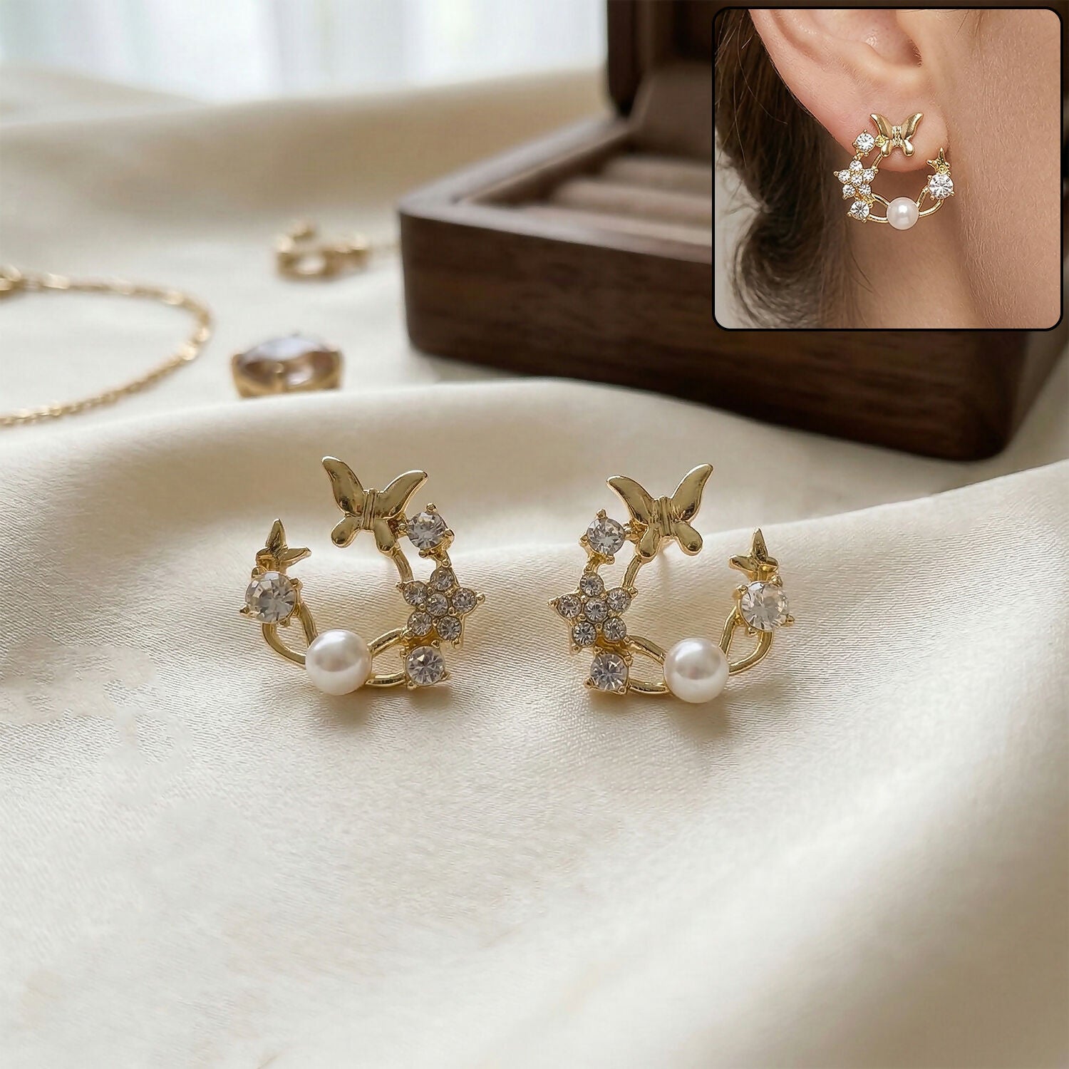 Pearl Wreath Stud Earrings – Elegant Gold-Tone for Women