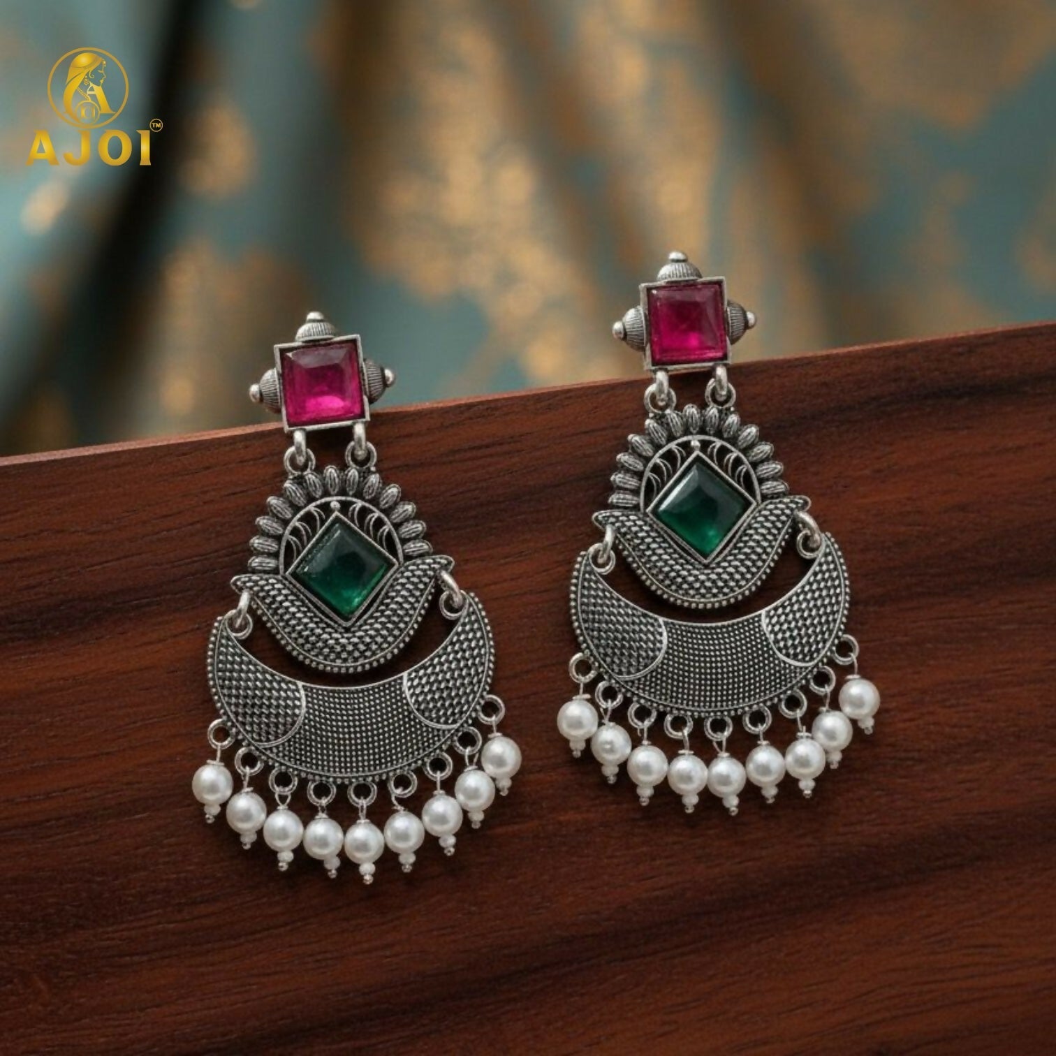 Chandbali Earrings – Antique Silver Finish with Ruby & Green Stones