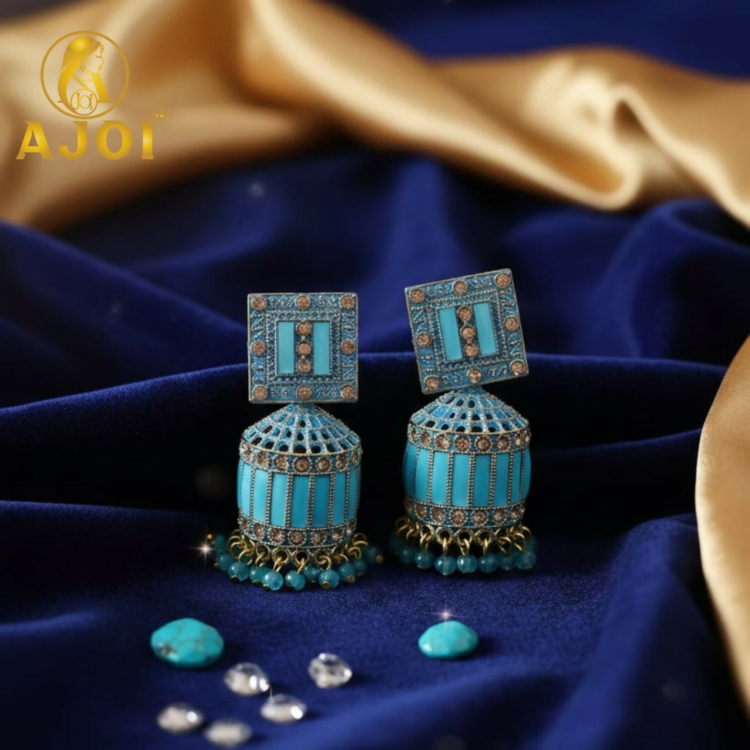 Turquoise Blue Designer Earrings – Elegant Gold Drop & Stone Accents