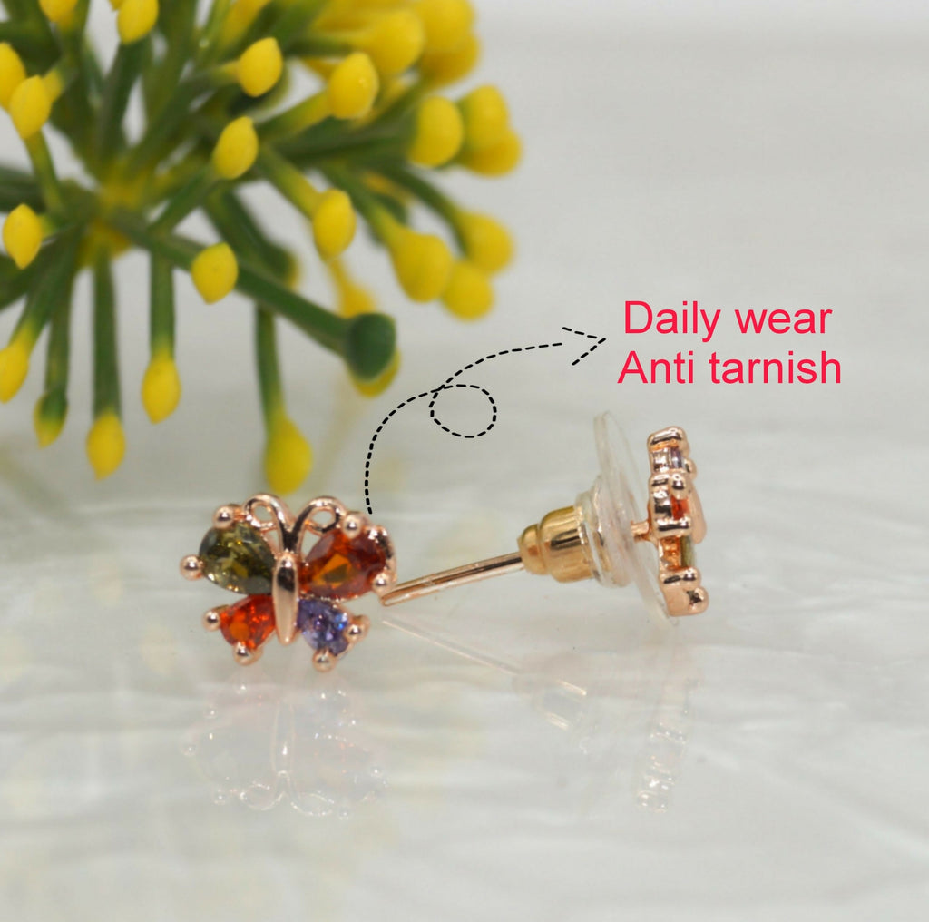 Butterfly Stud Earrings – Multi-Color CZ Rose Gold Finish