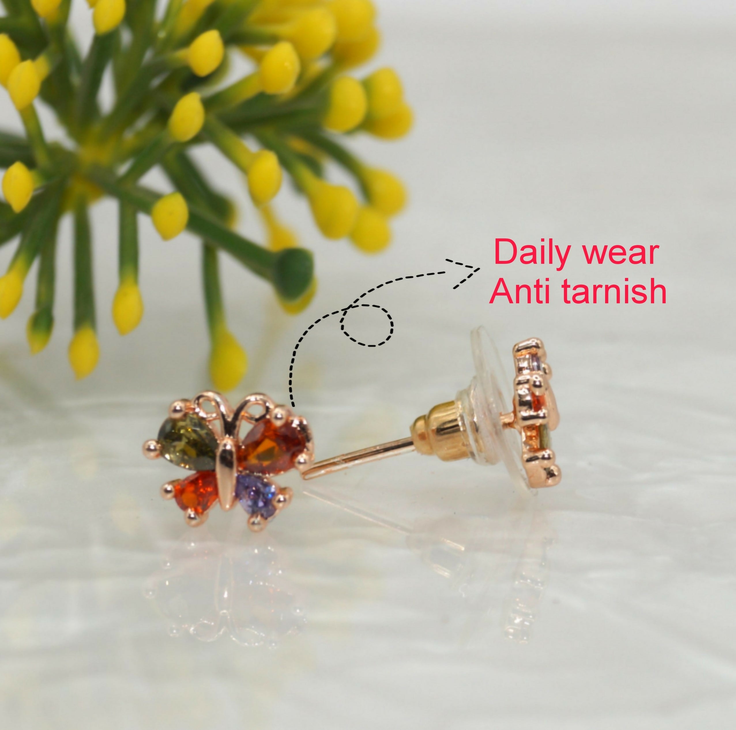 Butterfly Stud Earrings – Multi-Color CZ Rose Gold Finish