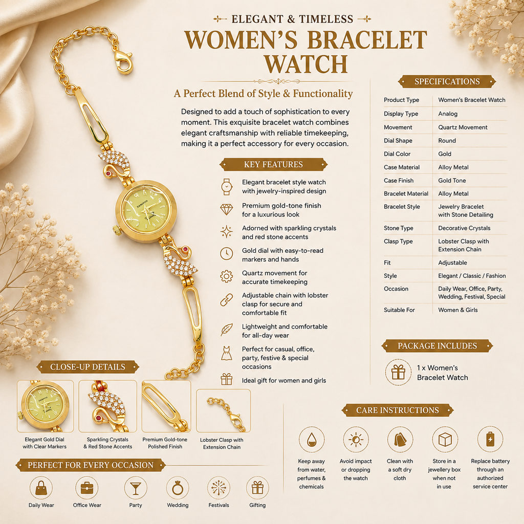 Royal Gold & Ruby Accent Peacock Bracelet Watch for Women – Traditional Partywear