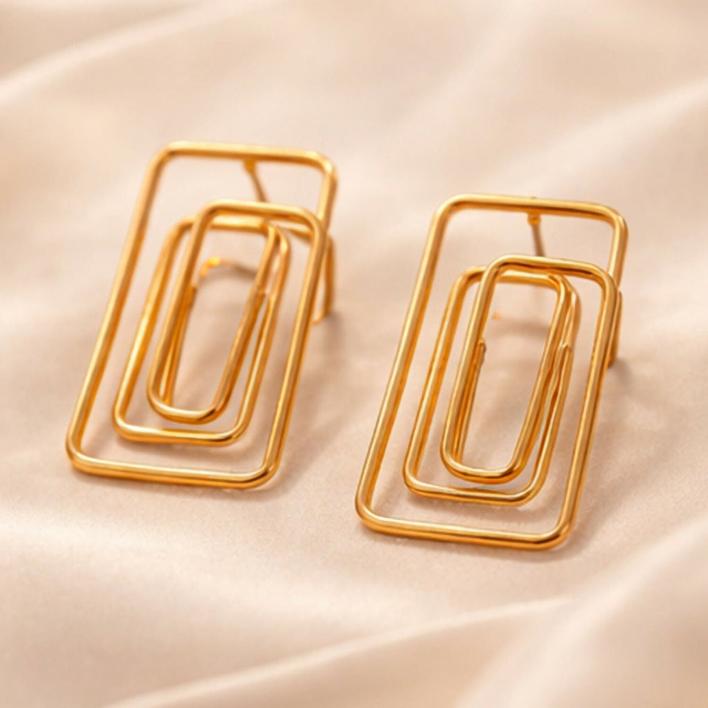 Gold Finish Geometric Rectangle Earrings – Lightweight Modern Fashion