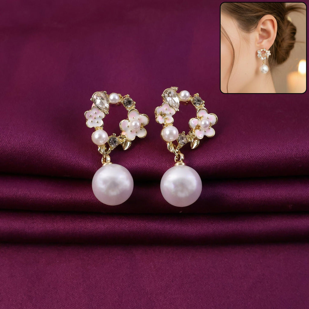 Rose Pearl Stud Earrings – Elegant Gold Floral Jewellery
