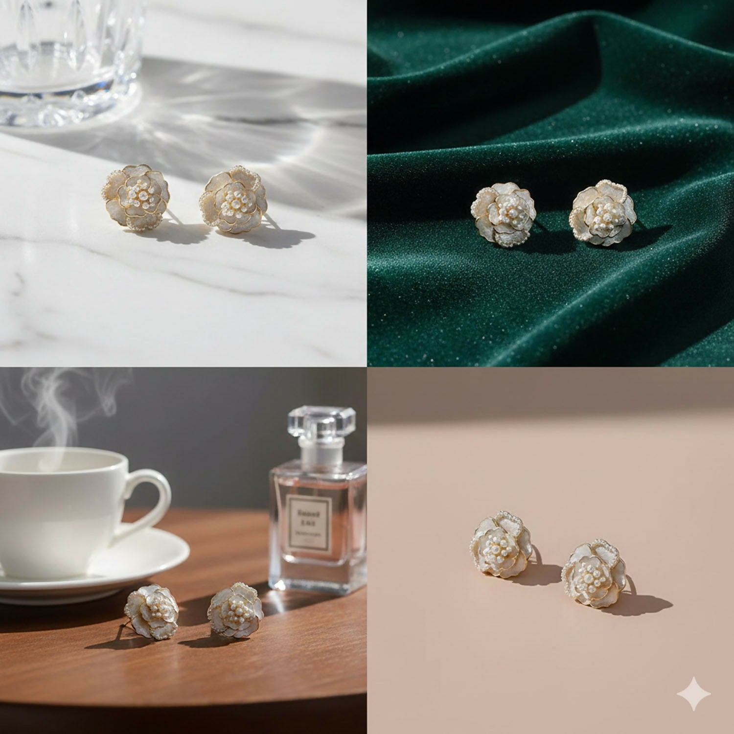 White Camellia Flower Stud Earrings – Elegant Micro-Pearl Accents