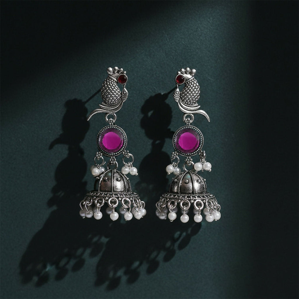 Oxidised Silver Peacock Jhumka Earrings with Pink Stone and Pearl Drops for Women