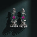 Oxidised Silver Peacock Jhumka Earrings with Pink Stone and Pearl Drops for Women