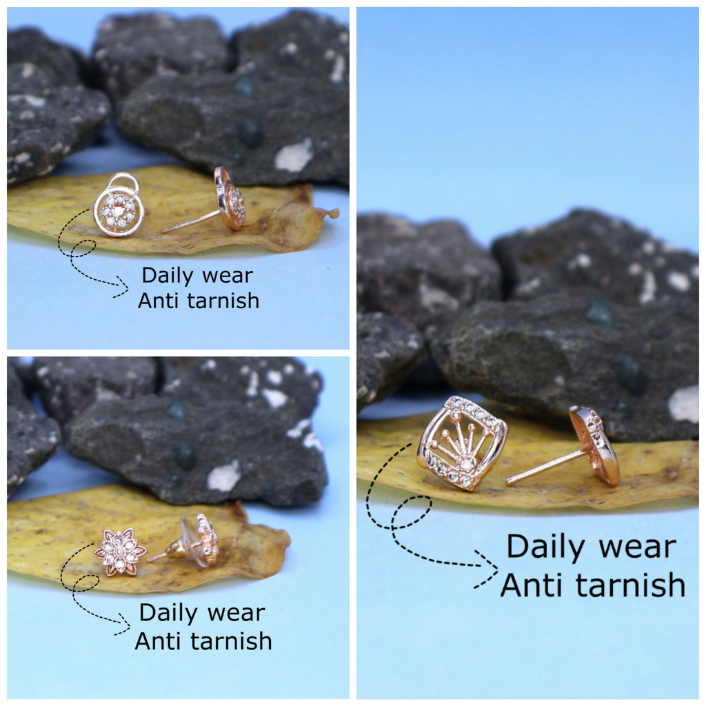 Rose Gold Stud Earrings Set – 3 Pair Combo with Diamond Look