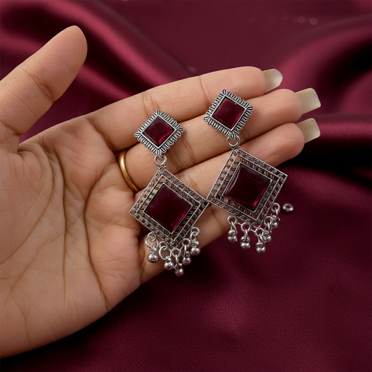 Oxidised Indian Dangler Earrings – Red Square Monalisa Stones