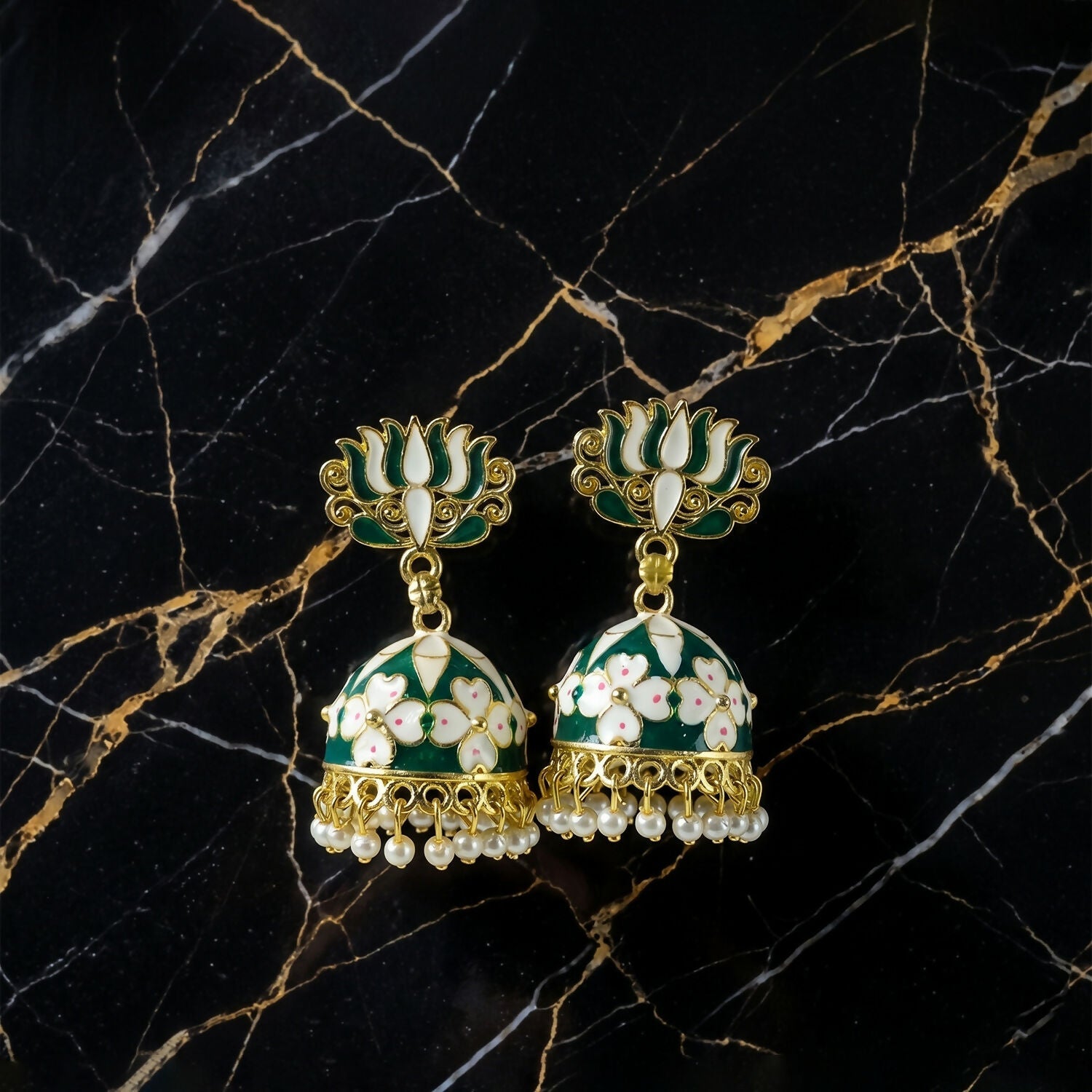 Green Lotus Jhumka Earrings – Elegant Pearl Detail for Women