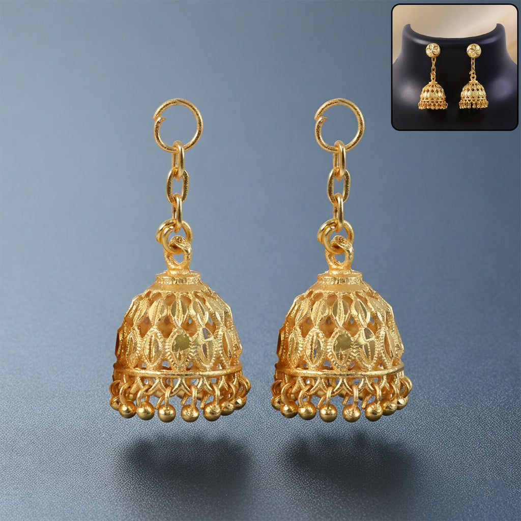 Gold Finish Jhumka – Intricate Cutwork with Hanging Beads