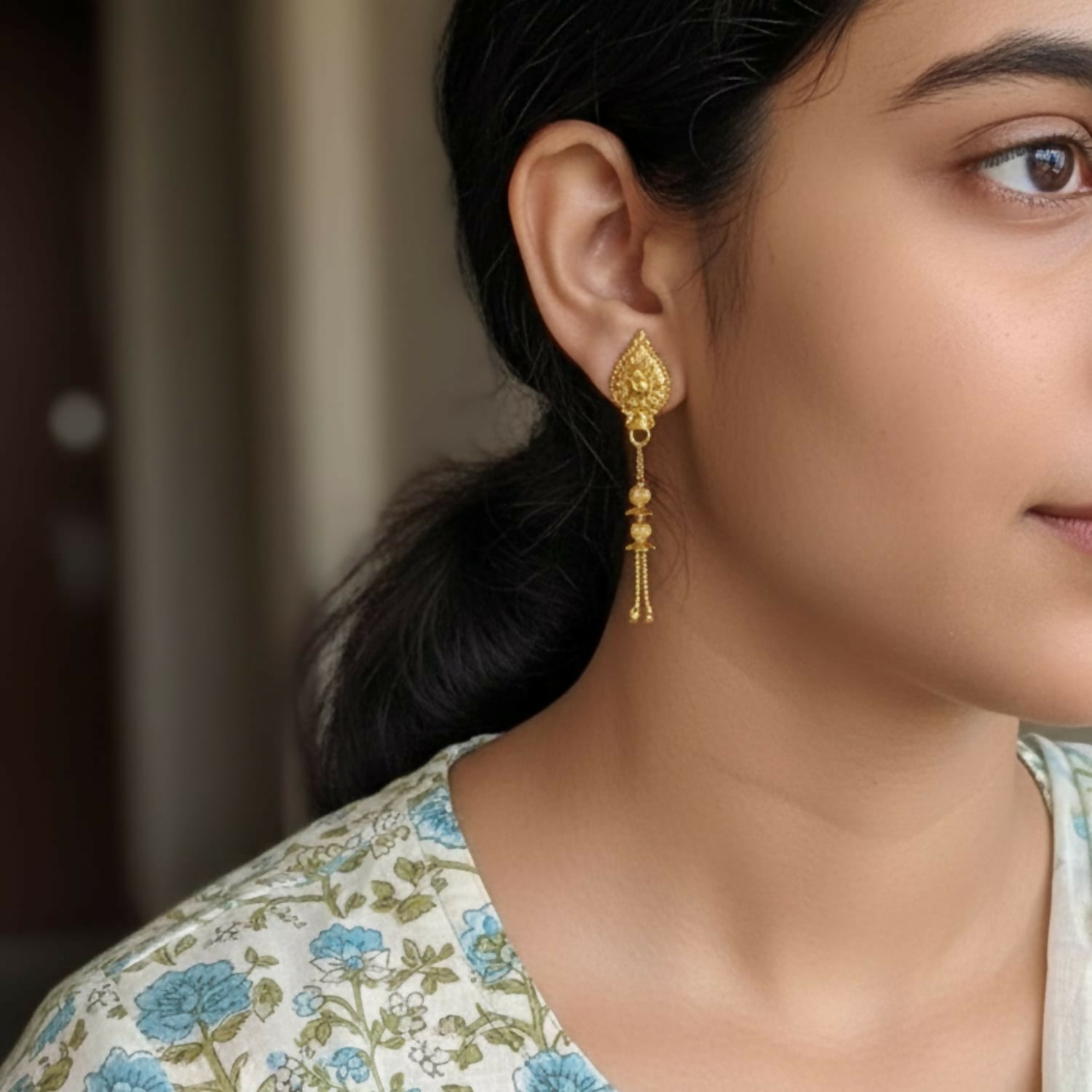 Gold-Plated Jhumka Earrings – Traditional Long Chain Beads Jewellery