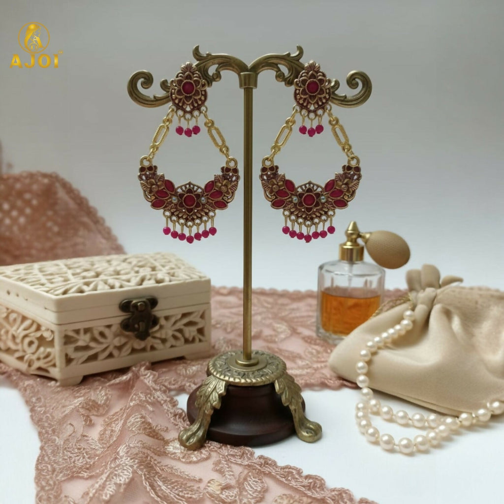Gold-Plated Floral Chandbali Earrings with Pink Stones – Elegant Ethnic Jewelry
