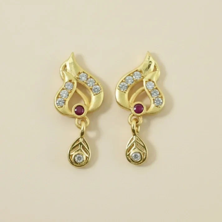 Gold Tone Leaf Earrings with Ruby Accent and Hanging Drop