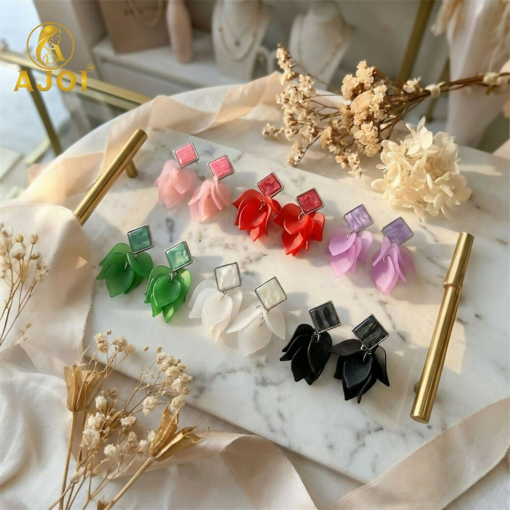 Acrylic Petal Drop Earrings – Lightweight Multicolor Pack of 6